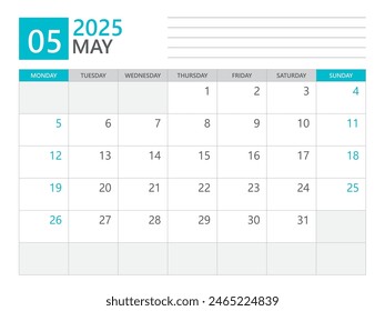 May 2025 template, Calendar planner 2025, week start on Monday, Desk calendar 2025 year, simple planner and clean design, Wall calendar design, Corporate planner template, print media vector