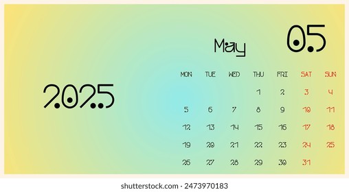 May 2025 template calendar. Trendy gradient background. The week begins on Monday. Ideal for planners, desk calendars, wall calendars, print media, advertisements, and office stationery