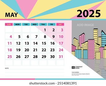 Vorlage Mai 2025 - Kalender 2025 Jahresdesign, Schreibtisch-Kalender 2025 Jahr, Planer, Woche beginnt am Sonntag, Wandkalender-Design, Briefpapier-Design, Vintage-Hintergrund Vektor eps10