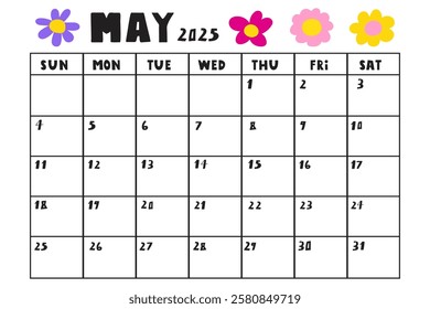 May 2025. Template vector calendar. Simple planner design. Hand drawn illustration on white background.