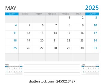 May 2025 year, Calendar planner 2025 and Set of 12 Months, week start on Sunday. Desk calendar 2025 design, simple and clean design, Wall calendar, Corporate design planner template vector