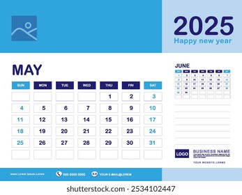 maio 2025 ano, Calendário planejador 2025 e Conjunto de 12 Meses, semana começa no domingo. Calendário de mesa 2025 design, simples, Calendário de parede, Vetor de modelo de planejador de design corporativo, fundo azul