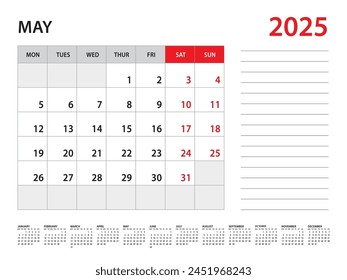 May 2025 year - Calendar 2025 template vector, week start on monday, Desk calendar 2025 year, Wall calendar design, corporate planner template, Stationery, organizer diary, vector