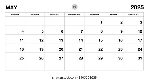 May 2025 year planner template, calendar 2025 template, monthly and yearly planners. organizer diary. week start Sunday, corporate planner template, Desk calendar 2025, Horizontal layout