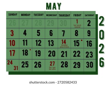 Conceito do calendário de maio de 2026. Modelo de calendário de maio. Ilustração vetorial.