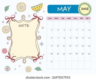May 2026 calendar with cute note frame on white background coquette style
