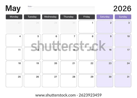 May 2026 calendar or desk planner in soft gray and purple colors with empty note lines, weeks start on Monday, vector illustration design