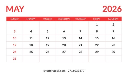 Cuadrícula del calendario de mayo de 2026 con acentos rojos días de la semana