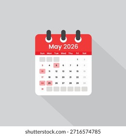 Vector Calendar Icon de mayo de 2026. Ilustración moderna del planificador mensual: Ilustración vectorial moderna del ícono del calendario de mayo de 2026 para la planificación mensual y la programación comercial.