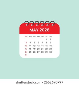 Mayo 2026 Calendar Leaf. Calendario 2026 en Vector de estilo plano ilustración de stock.