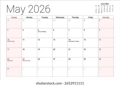 May 2026 calendar with marked holidays including Cinco de Mayo Mother's Day Ascension of Jesus and Pentecost