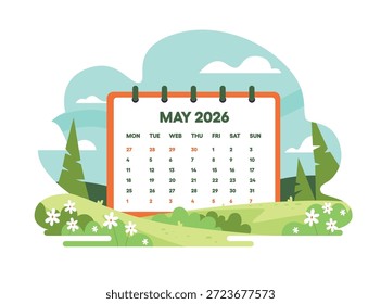 May 2026 calendar page vector illustration. Beautiful spring landscape with green hills, trees, and white flowers. Fresh nature season concept
