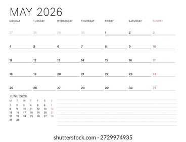 May 2026 calendar planner template. Week starts on Monday. Minimalist and clean design for efficient scheduling and organization. Vector illustration for a printable business agenda layout