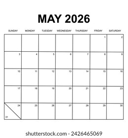 may 2026 calendar. Printable, simple, and clean calendar design. Week starts on sunday.