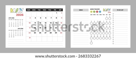 May 2026 calendar set with planner, memo, to-do list, and mood tracker. Perfect for organizing tasks and tracking moods.