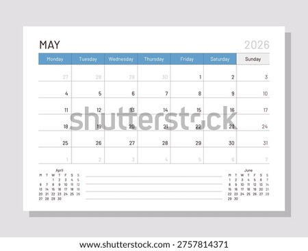 May 2026 calendar template. Planner calender. Week starts Monday. Monthly organizer. Desk corporate diary. Timetable layout. Table schedule grid. Vector simple illustration. Paper size A5