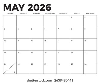 May 2026 Calendar. Week starts on Sunday. Blank Calendar Template. Fits Letter Size Page. Stationery Design.