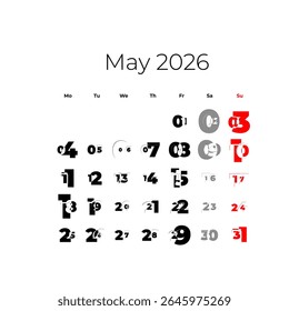 May 2026 calendar. The week starts on Monday, vector