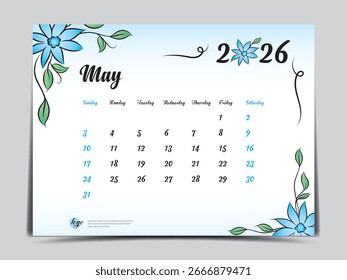Diseño de mayo de 2026- Calendario concepto de flores de Plantilla 2026, inicio de semana el domingo, ilustraciones de calendario mensual, diseño de calendario de escritorio 2026, diseño de calendario de pared, póster, diseño simple, Vector eps10