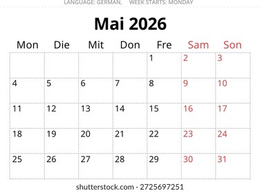maio 2026 calendário alemão planejador - Mai. Ilustração vetorial para a Alemanha
