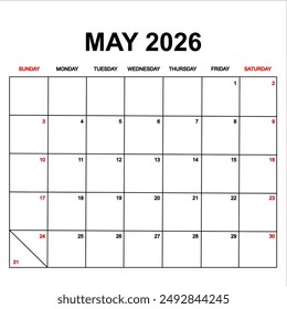 may 2026 with holydays or red dates. monthly calendar design with week starts on sunday. printable, simple, and clean vector design isolated on white background.