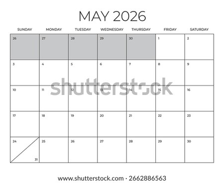 May 2026 Letter Size Office Calendar. Blank Calendar Template. Home Office Monthly Planner.