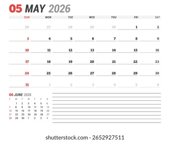 O Modelo de Calendário Mensal de maio de 2026 para Planejamento e Organização melhora o bloqueio de tempo e a produtividade semanal usando layout minimalista editável. A semana começa no domingo. Útil para os negócios