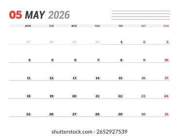 O Modelo de Calendário Mensal de maio de 2026 refina as estratégias executivas usando linhas em branco minimalistas, perfeitas para metas de planejamento e rastreamento de foco, ótimas para uso empresarial, ilustração vetorial