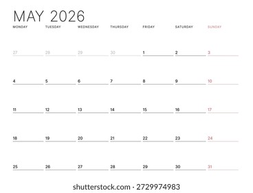 Mayo 2026 Calendario Mensual La Plantilla refina las estrategias ejecutivas utilizando líneas en blanco minimalistas, perfectas para objetivos de planificación y seguimiento de enfoque, ideales para uso comercial, Ilustración vectorial