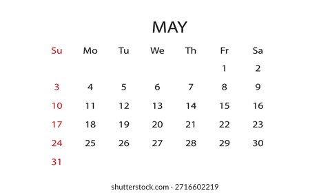 Mayo de 2026 Calendario Mensual Plantilla de Vector (Planificador de Primavera, Diseño de Horario de Negocios de Profesional Limpio)