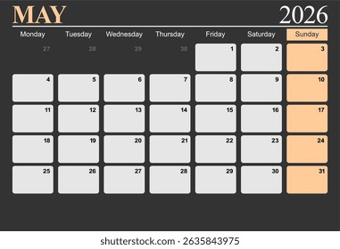 May 2026 monthly desk calendar for 2026 year, The week start on monday, EPS file vector.