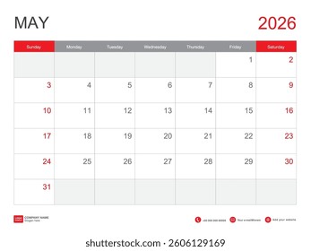 May 2026 template, Calendar 2026 design, Desk Calendar 2026 template, Planner simple, Week starts Sunday, Stationery, Wall calendar, printing, advertisement, minimal style, vector illustration