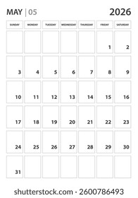 May 2026 year planner template. calendar 2026 year. Black and white monthly and yearly planners. Business planner minimal concept. Desk calendar 2026 year. Week Starts on Sunday, wall calendar.