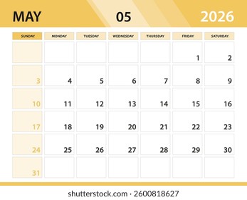 May 2026 year template, Calendar 2026 design vector, Desk calendar 2026, planner monthly design, Wall calendar, Minimal style, poster, Week Starts on Sunday, printing media, yellow background