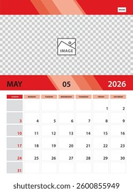 May 2026 year template, Calendar 2026 design vector, Desk calendar 2026, planner monthly design, Wall calendar, Vertical poster template, Week Starts on Sunday, printing media, red background