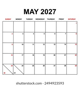 may 2027 calendar with holydays or red dates. monthly calendar design with week starts on sunday. printable, simple, and clean vector design isolated on white background.