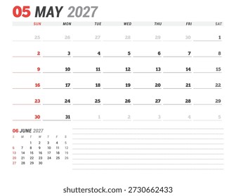 May 2027 calendar planner template. Week starts on Monday. Minimalist and clean design for efficient scheduling and organization. Vector illustration for a printable business agenda layout