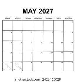 May 2027 calendar. Printable, simple, and clean calendar design. Week starts on sunday.