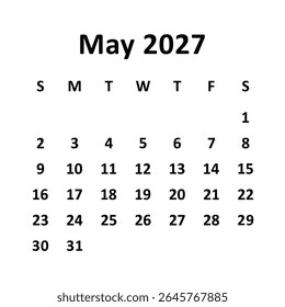 mai. 2027. design de calendário mensal. semana começa no domingo. design de vetor imprimível, editável, simples e limpo isolado no fundo branco.