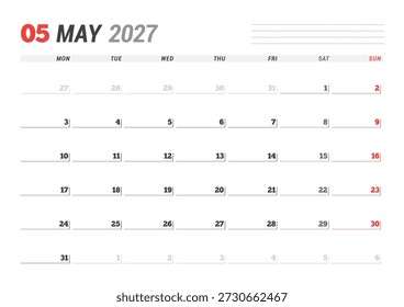 Mayo 2027 Calendario Mensual La Plantilla refina las estrategias ejecutivas utilizando líneas en blanco minimalistas, perfectas para objetivos de planificación y seguimiento de enfoque, ideales para uso comercial, Ilustración vectorial