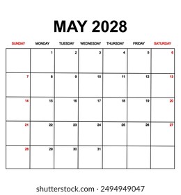 may 2028 Calendar with holydays or red dates. monthly calendar design with week starts on sunday. printable, simple, and clean vector design isolated on white background.