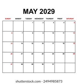 may 2029. Calendar with holydays or red dates. monthly calendar design with week starts on sunday. printable, simple, and clean vector design isolated on white background.