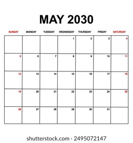 may 2030. Calendar with holydays or red dates. monthly calendar design with week starts on sunday. printable, simple, and clean vector design isolated on white background.