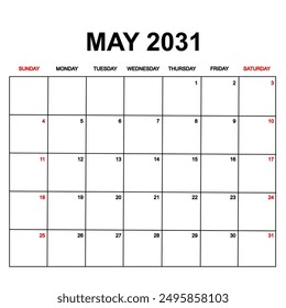 may 2031. Calendar with holydays or red dates. monthly calendar design with week starts on sunday. printable, simple, and clean vector design isolated on white background.