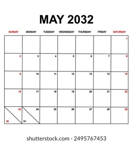 may 2032. Calendar with holydays or red dates. monthly calendar design with week starts on sunday. printable, simple, and clean vector design isolated on white background.