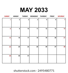 may 2033. Calendar with holydays or red dates. monthly calendar design with week starts on sunday. printable, simple, and clean vector design isolated on white background.