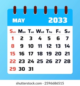 May 2033 Calendar.  Vector illustration. May shines with bright flowers, warm sunshine, and midyear progress. A time for motivation, rest, and achieving goals with renewed energy
