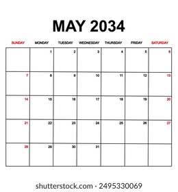 may 2034. Calendar with holydays or red dates. monthly calendar design with week starts on sunday. printable, simple, and clean vector design isolated on white background.