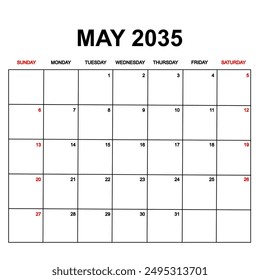 may 2035. Calendar with holydays or red dates. monthly calendar design with week starts on sunday. printable, simple, and clean vector design isolated on white background.