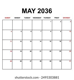 may 2036. Calendar with holydays or red dates. monthly calendar design with week starts on sunday. printable, simple, and clean vector design isolated on white background.